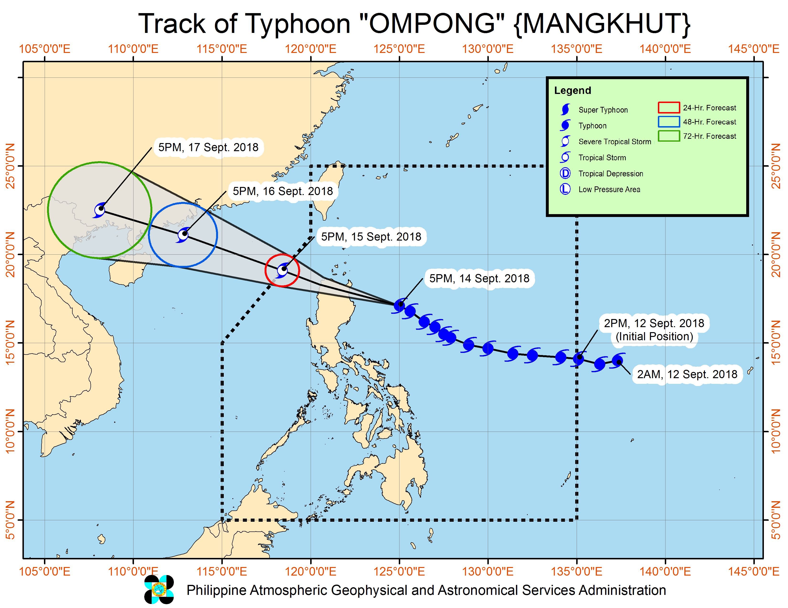 Forecast track of Typhoon Ompong (Mangkhut) as of September 14, 2018, 8 pm. Image from PAGASA 