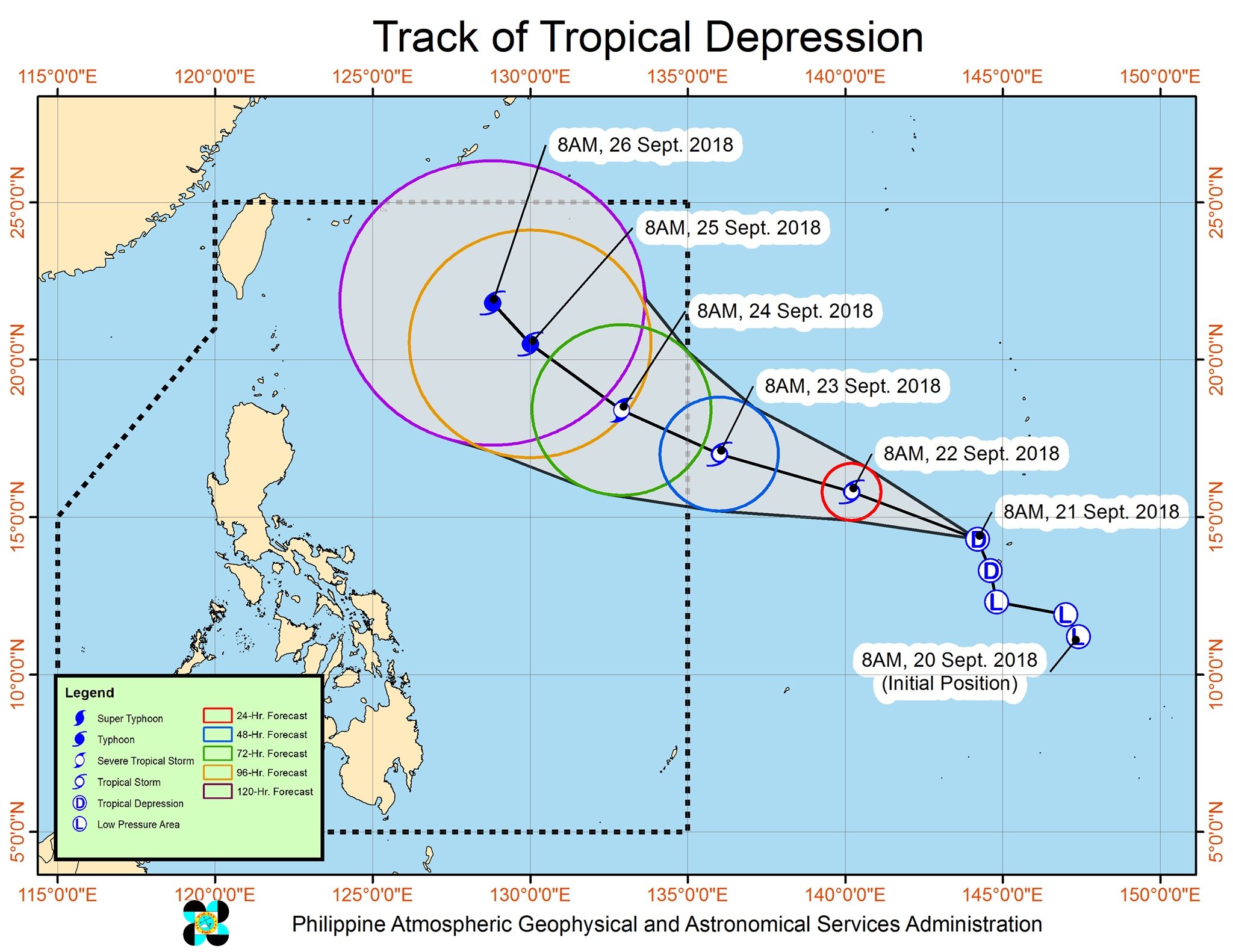 Forecast track of the tropical depression, which is still outside the Philippine Area of Responsibility, as of September 21, 2018, 11 am. Image from PAGASA 