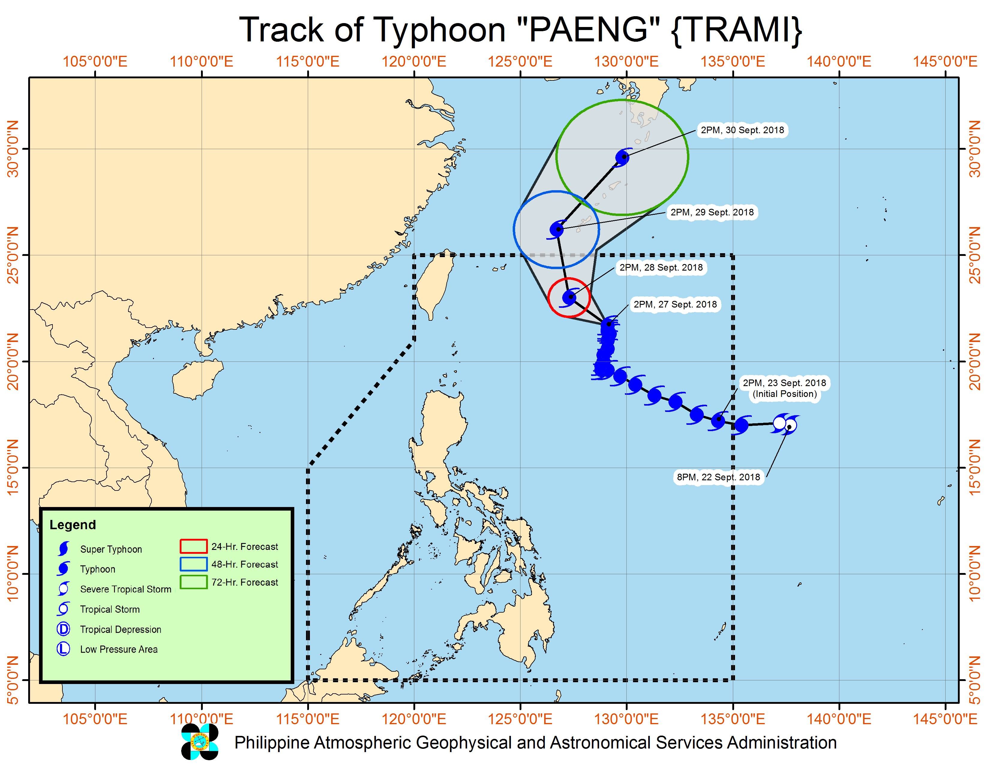 Forecast track of Typhoon Paeng (Trami) as of September 27, 2018, 5 pm. Image from PAGASA 