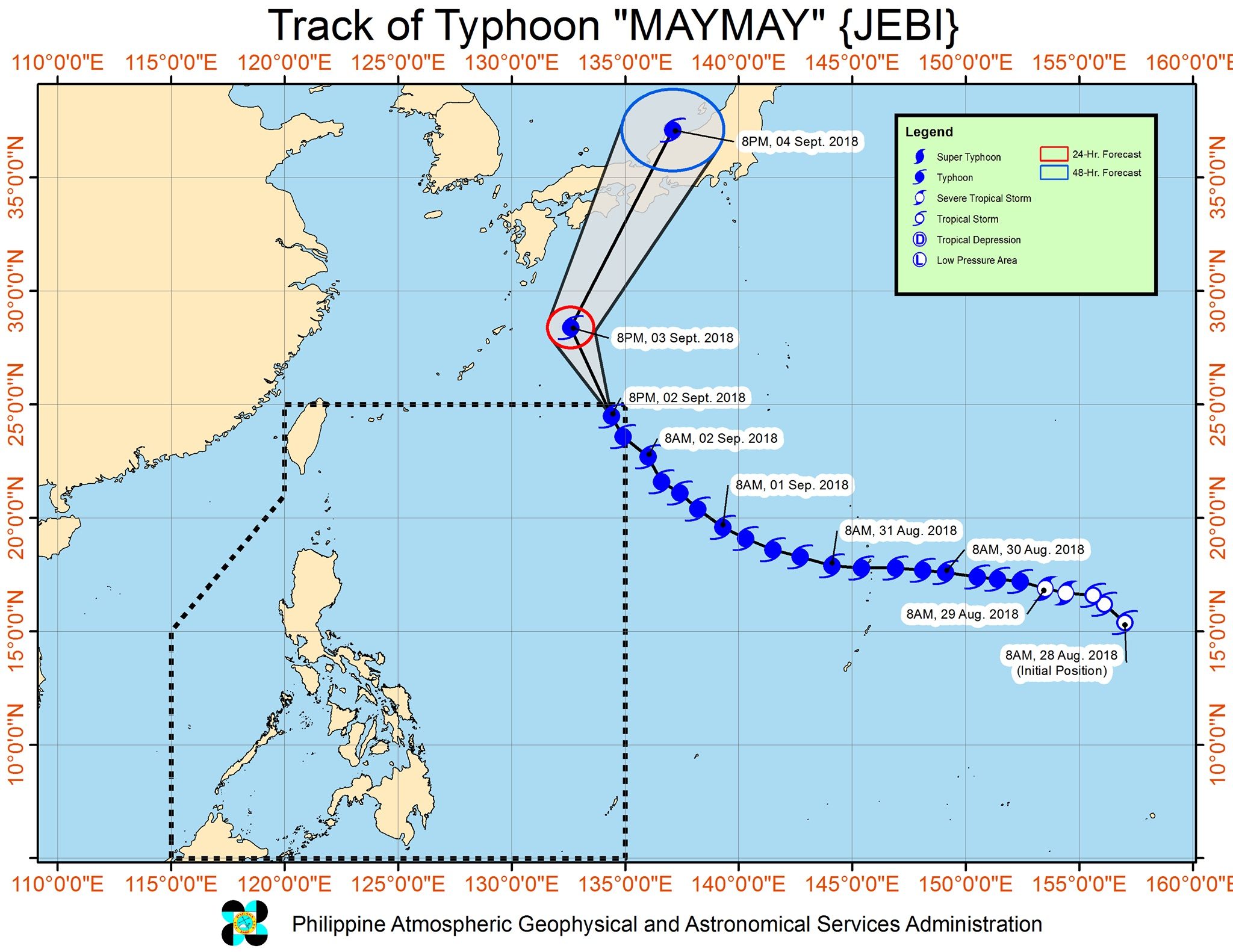Forecast track of Typhoon Maymay (Jebi) as of September 2, 2018, 11 pm. Image from PAGASA 