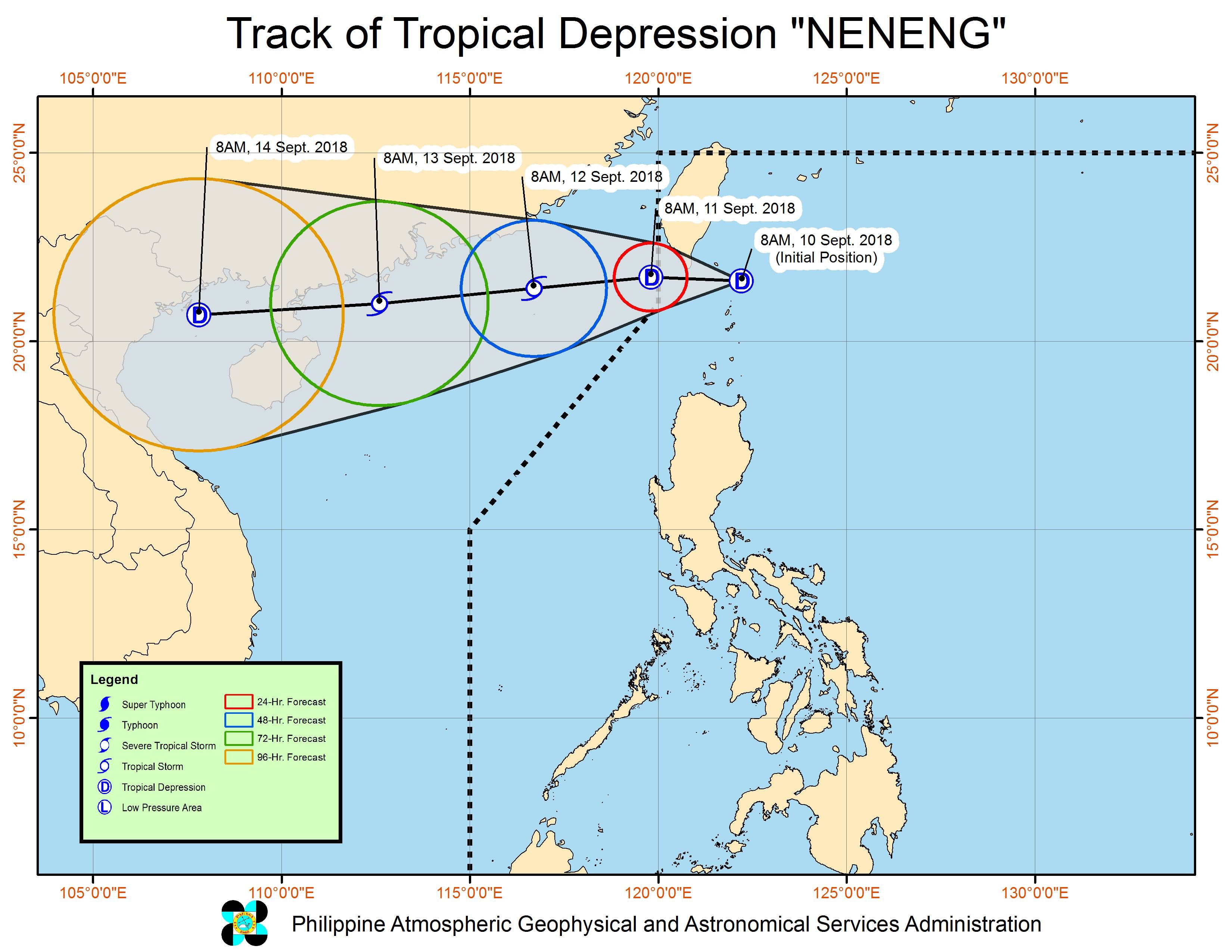 Forecast track of Tropical Depression Neneng as of September 10, 2018, 11 am. Image from PAGASA 