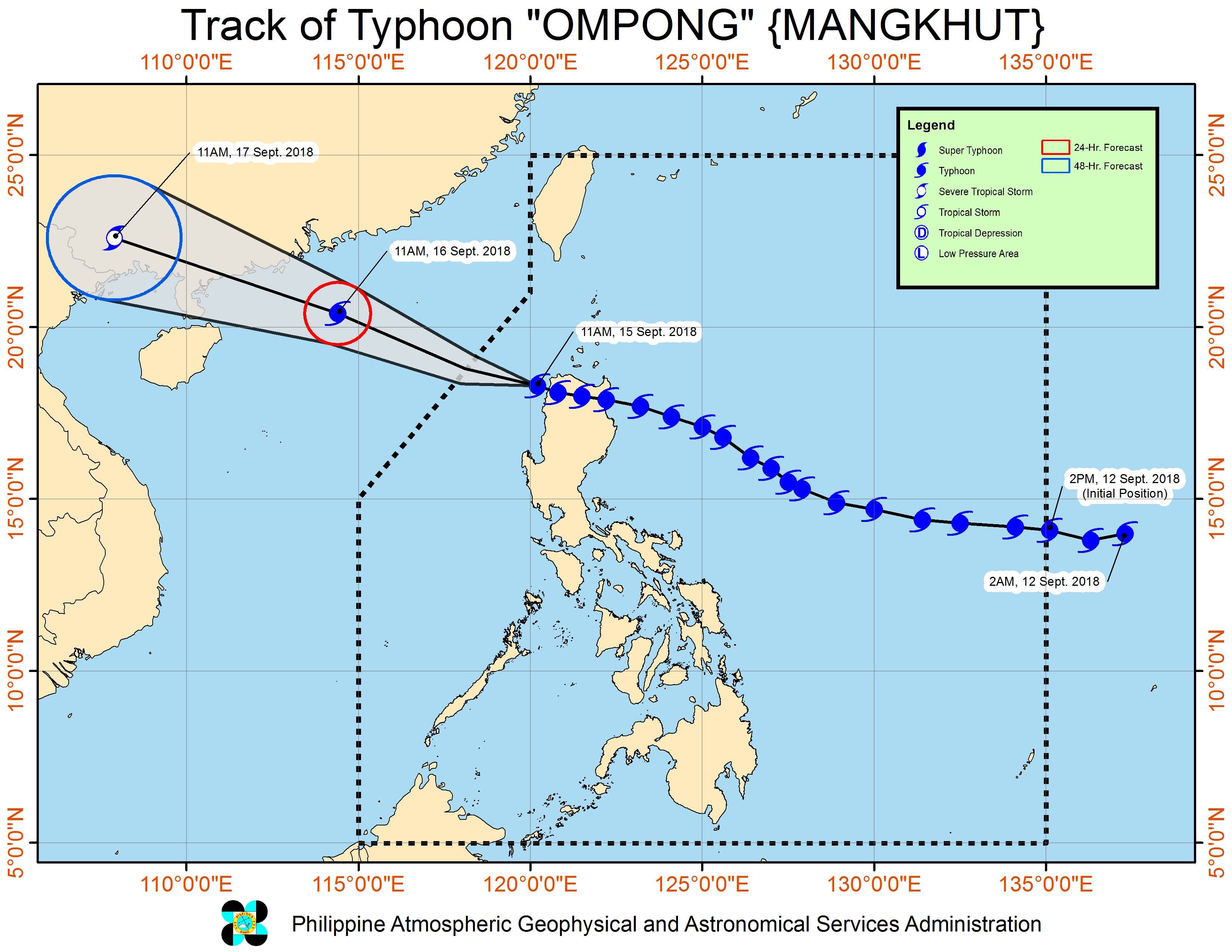 Forecast track of Typhoon Ompong (Mangkhut) as of September 15, 2018, 2 pm. Image from PAGASA 