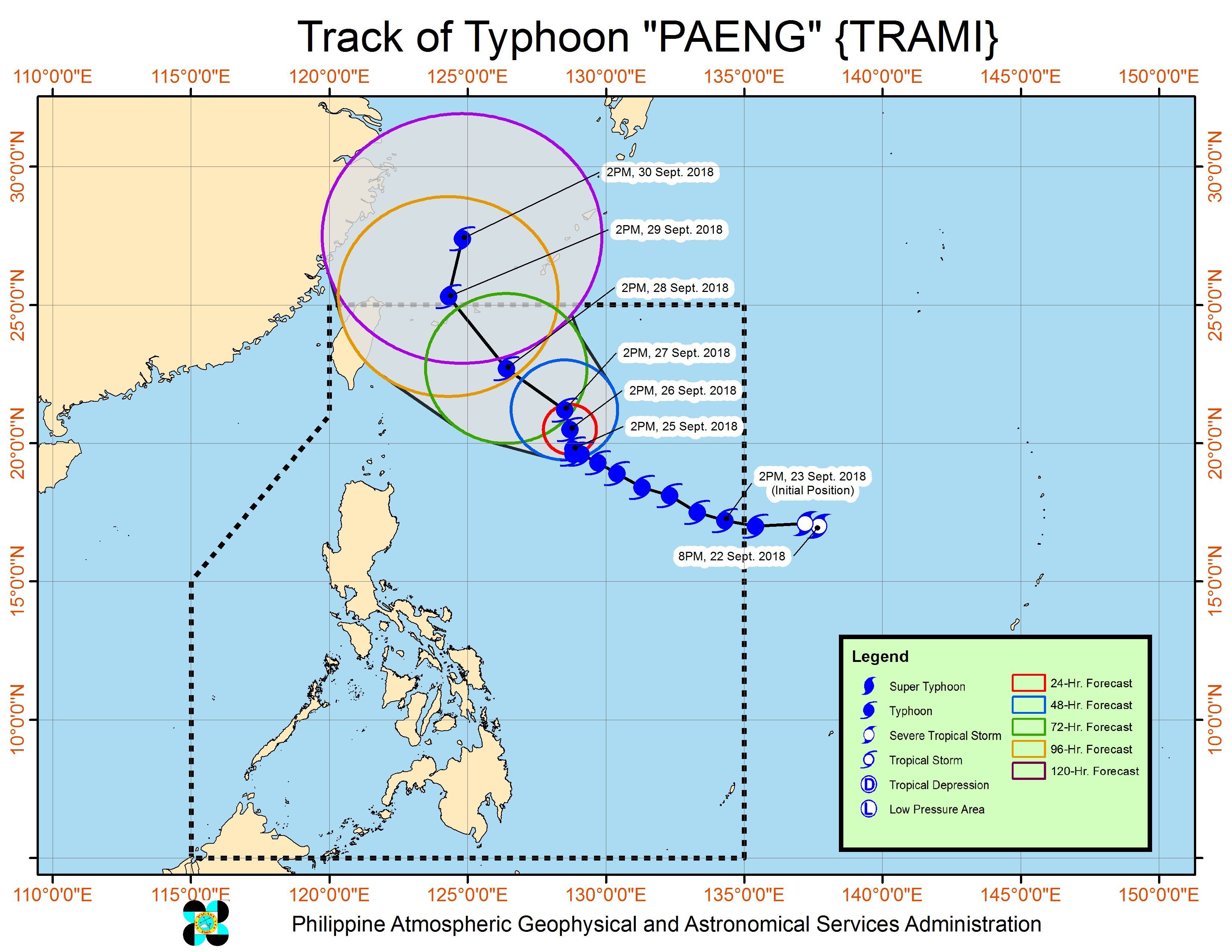Forecast track of Typhoon Paeng (Trami) as of September 25, 2018, 5 pm. Image from PAGASA 