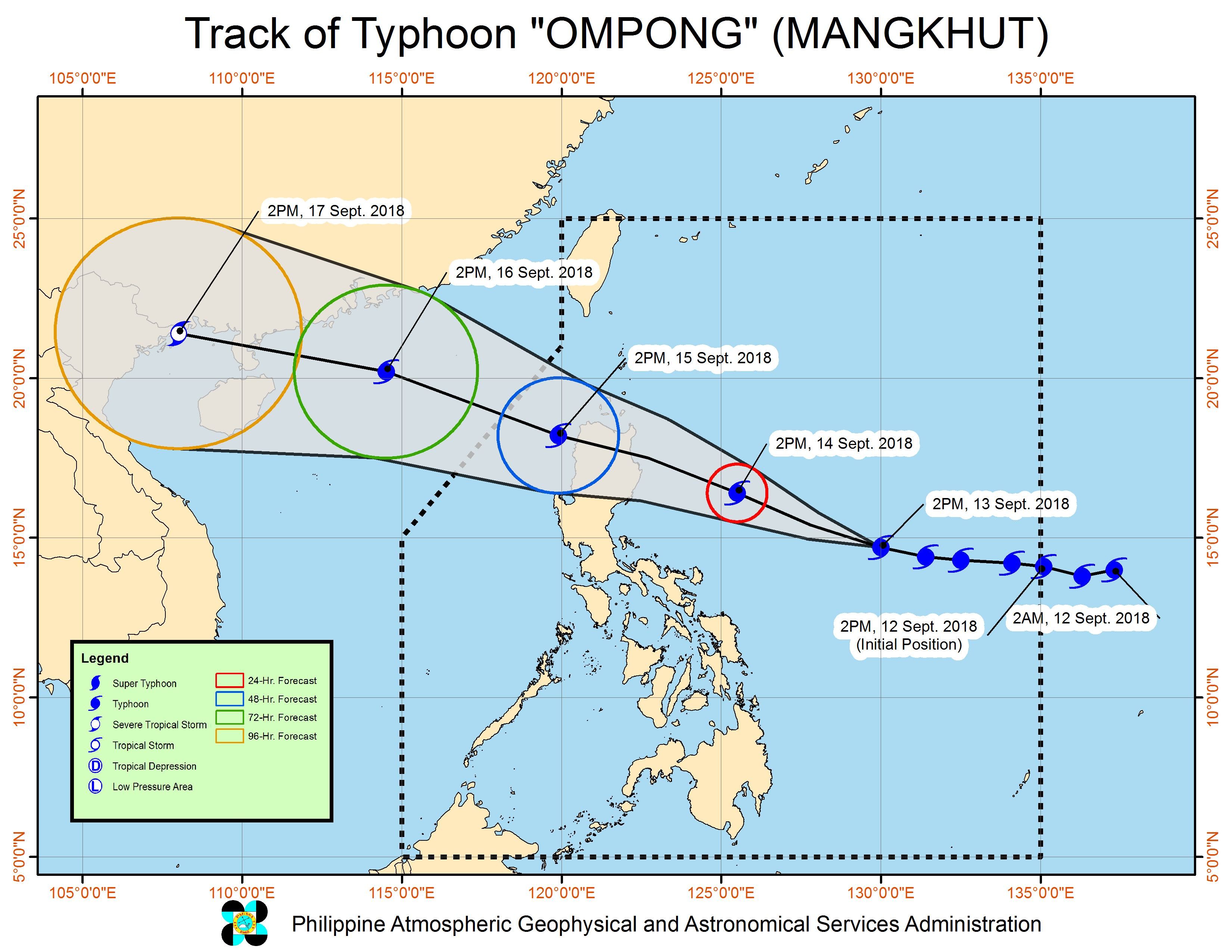 Forecast track of Typhoon Ompong (Mangkhut) as of September 13, 2018, 5 pm. Image from PAGASA 