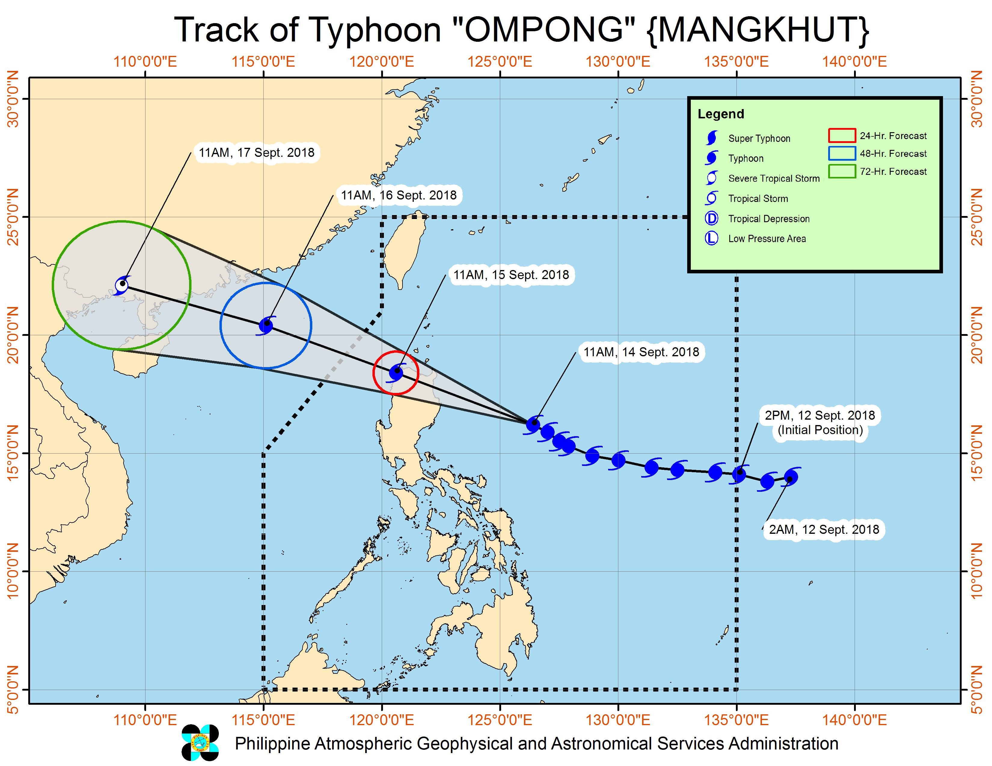 Forecast track of Typhoon Ompong (Mangkhut) as of September 14, 2018, 2 pm. Image from PAGASA 