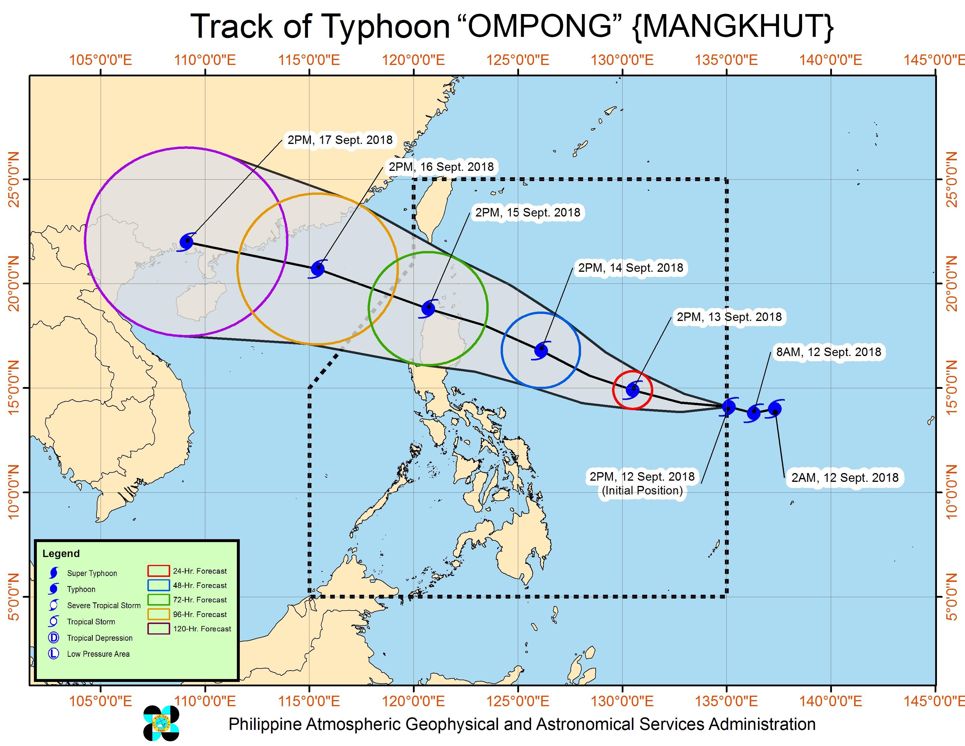 Forecast track of Typhoon Ompong (Mangkhut) as of September 12, 2018, 5 pm. Image from PAGASA 