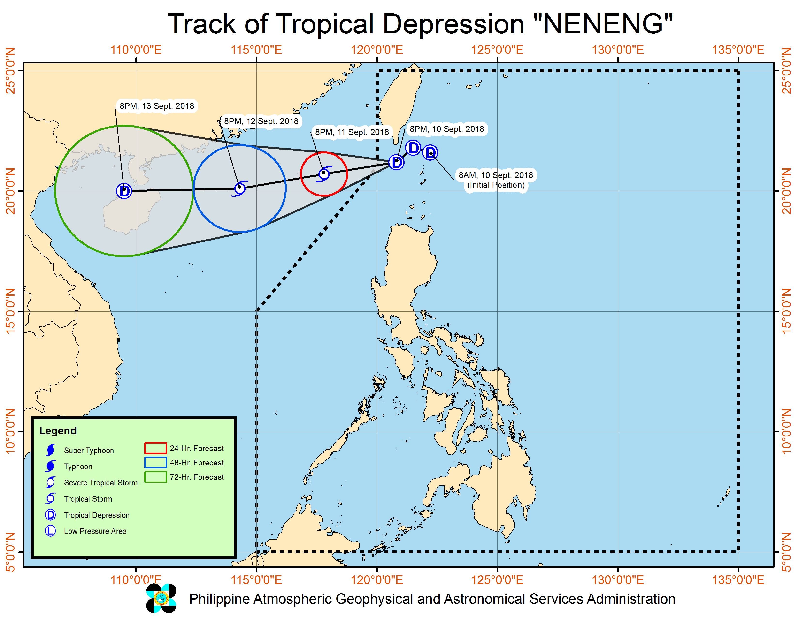 Forecast track of Tropical Depression Neneng as of September 10, 2018, 11 pm. Image from PAGASA 