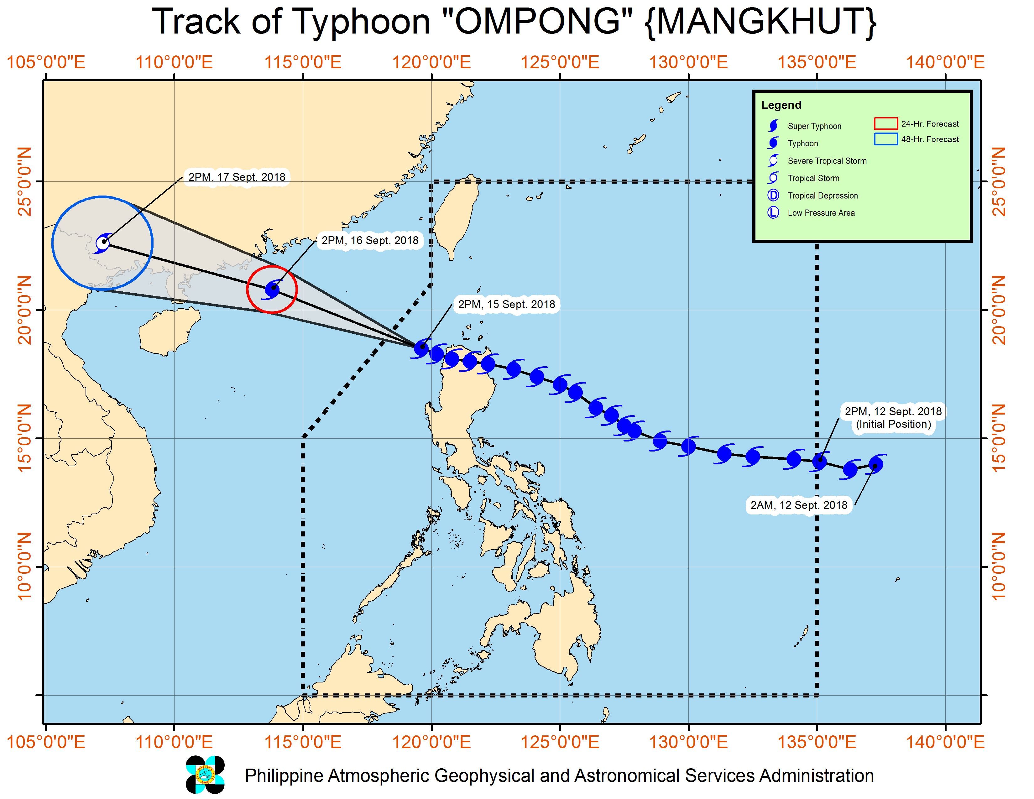 Forecast track of Typhoon Ompong (Mangkhut) as of September 15, 2018, 5 pm. Image from PAGASA 