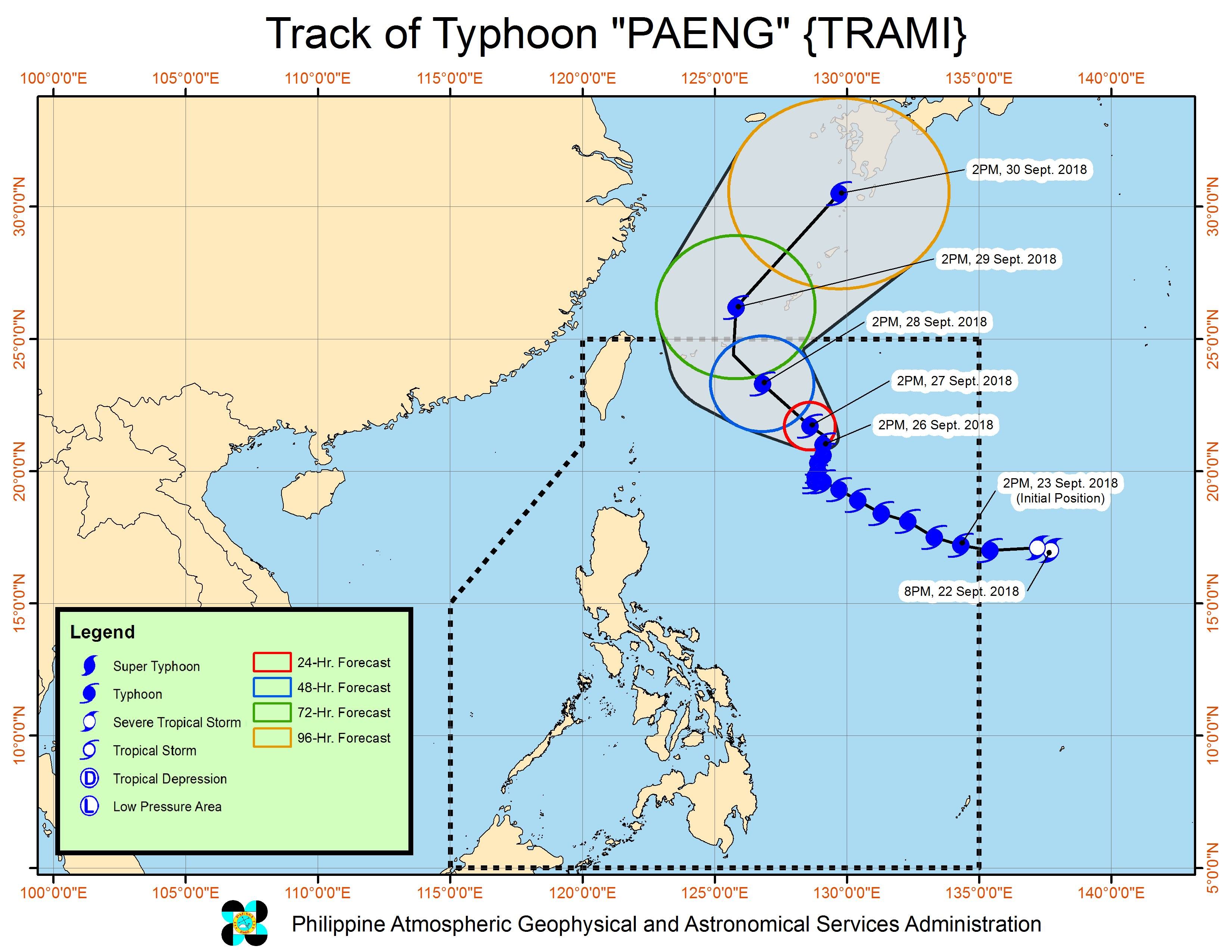 Forecast track of Typhoon Paeng (Trami) as of September 26, 2018, 5 pm. Image from PAGASA 