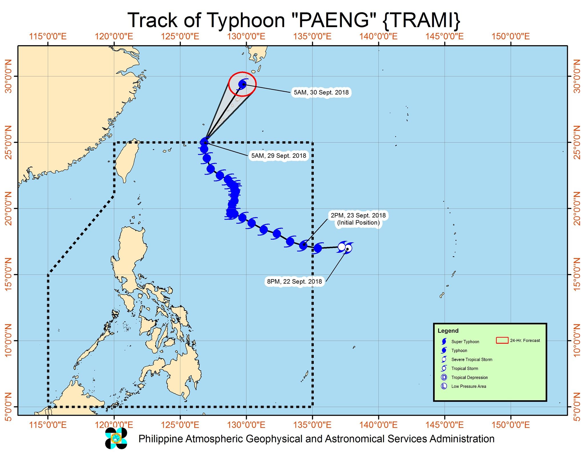 Forecast track of Typhoon Paeng (Trami) as of September 29, 2018, 7:30 am. Image from PAGASA 