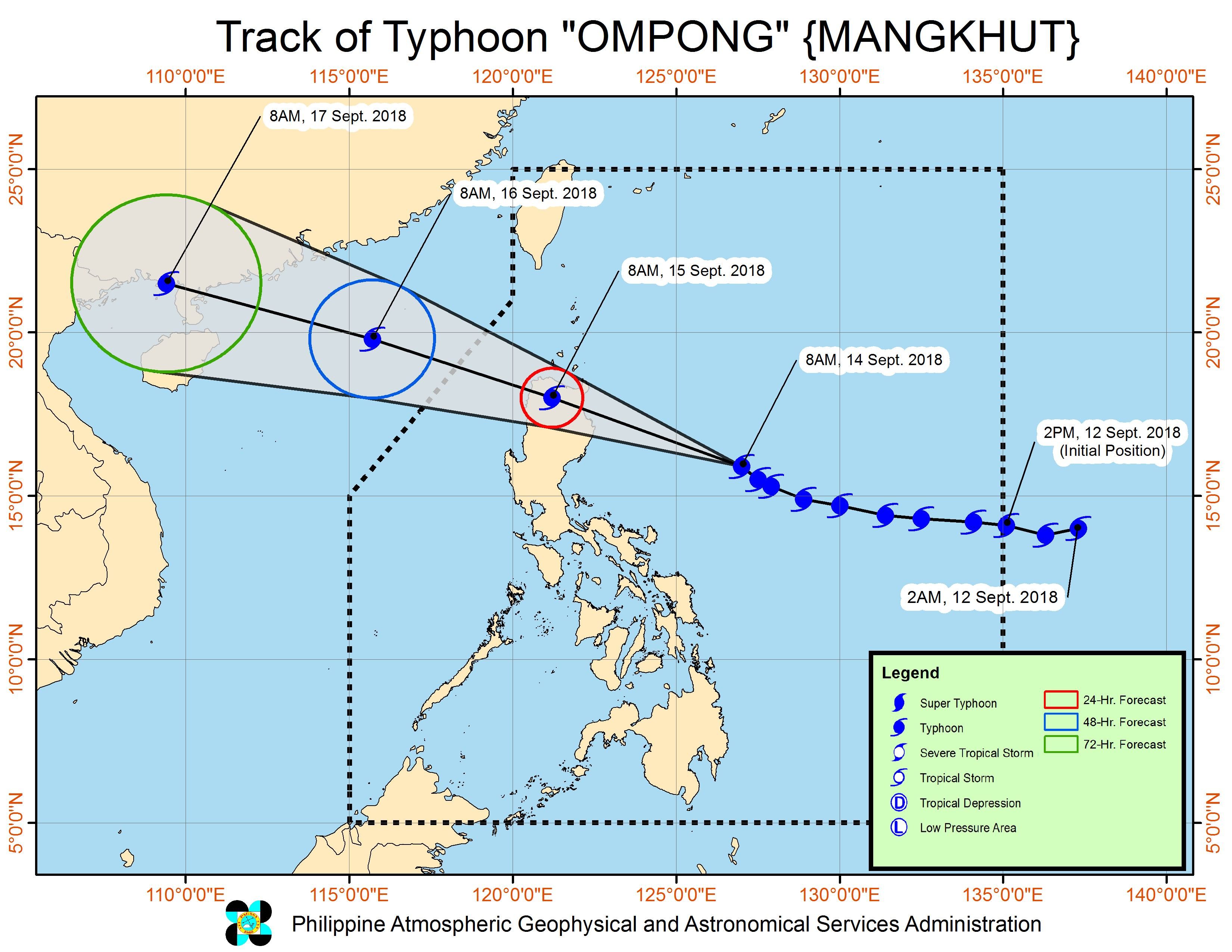 Forecast track of Typhoon Ompong (Mangkhut) as of September 14, 2018, 11 am. Image from PAGASA 