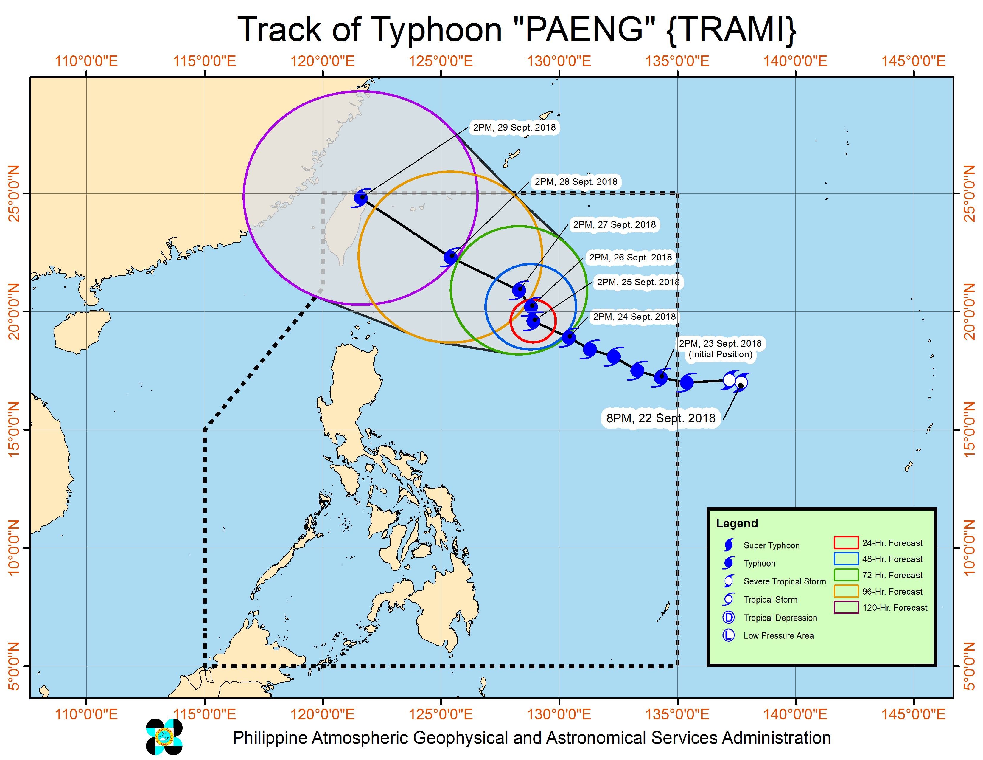 Forecast track of Typhoon Paeng (Trami) as of September 24, 2018, 5 pm. Image from PAGASA 
