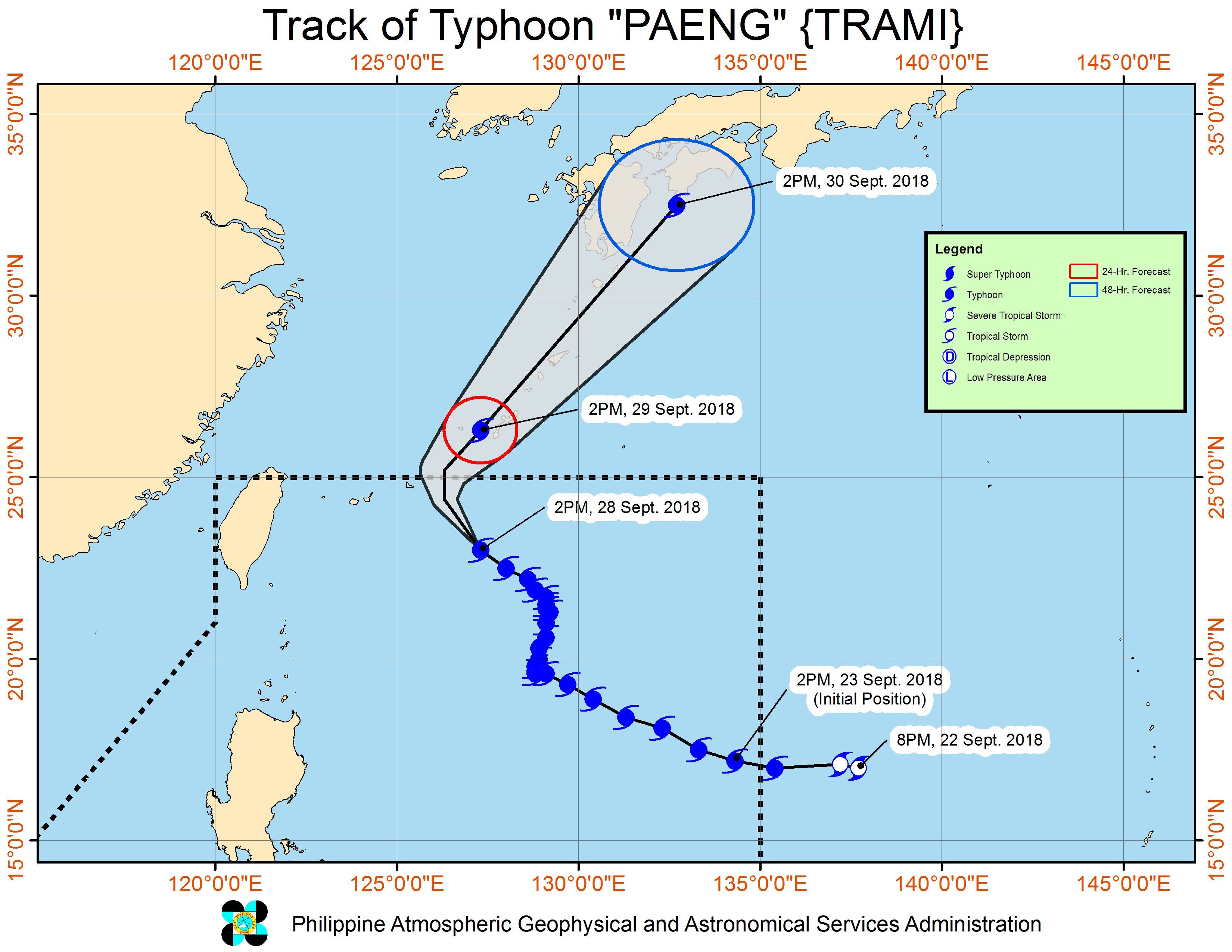 Forecast track of Typhoon Paeng (Trami) as of September 28, 2018, 5 pm. Image from PAGASA 