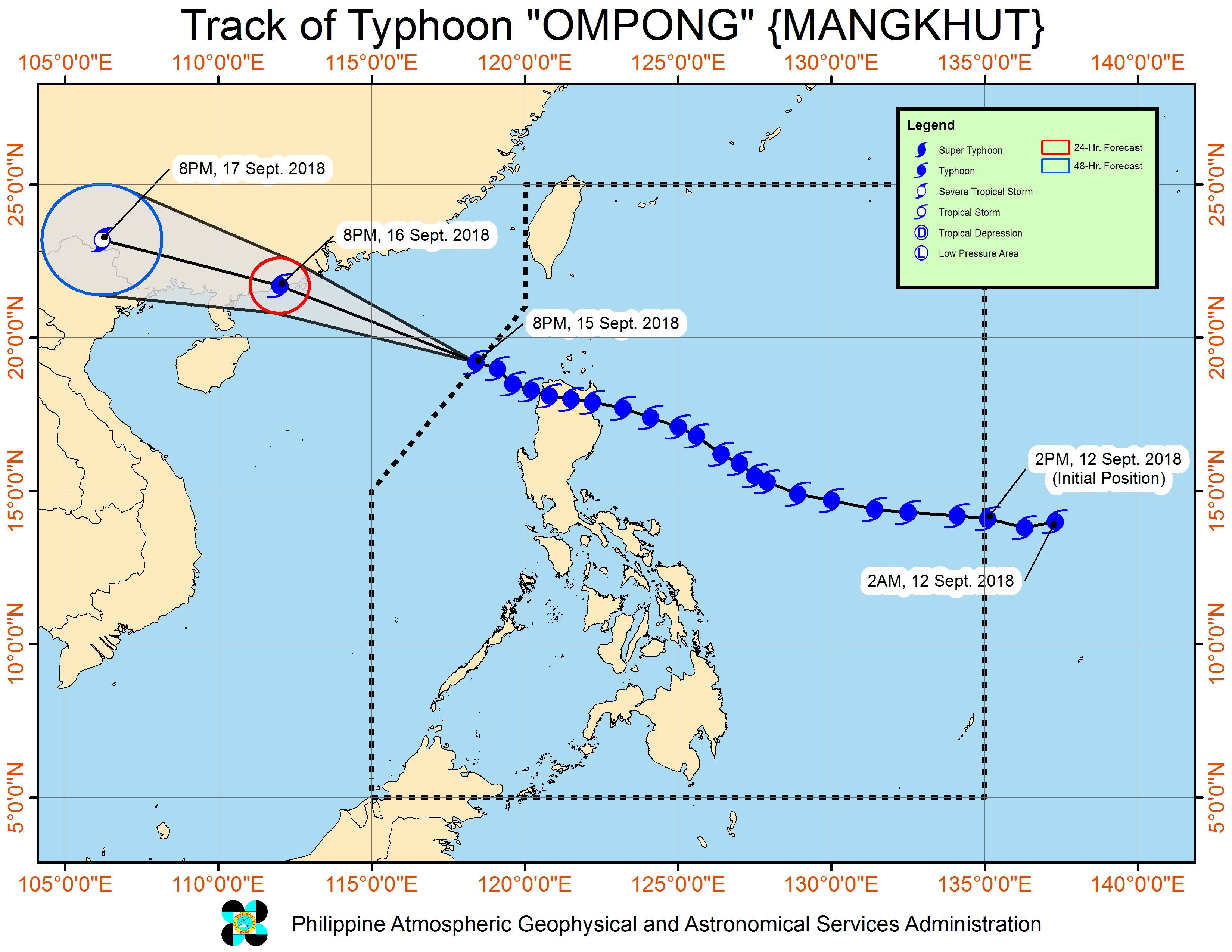 Forecast track of Typhoon Ompong (Mangkhut) as of September 15, 2018, 11 pm. Image from PAGASA 
