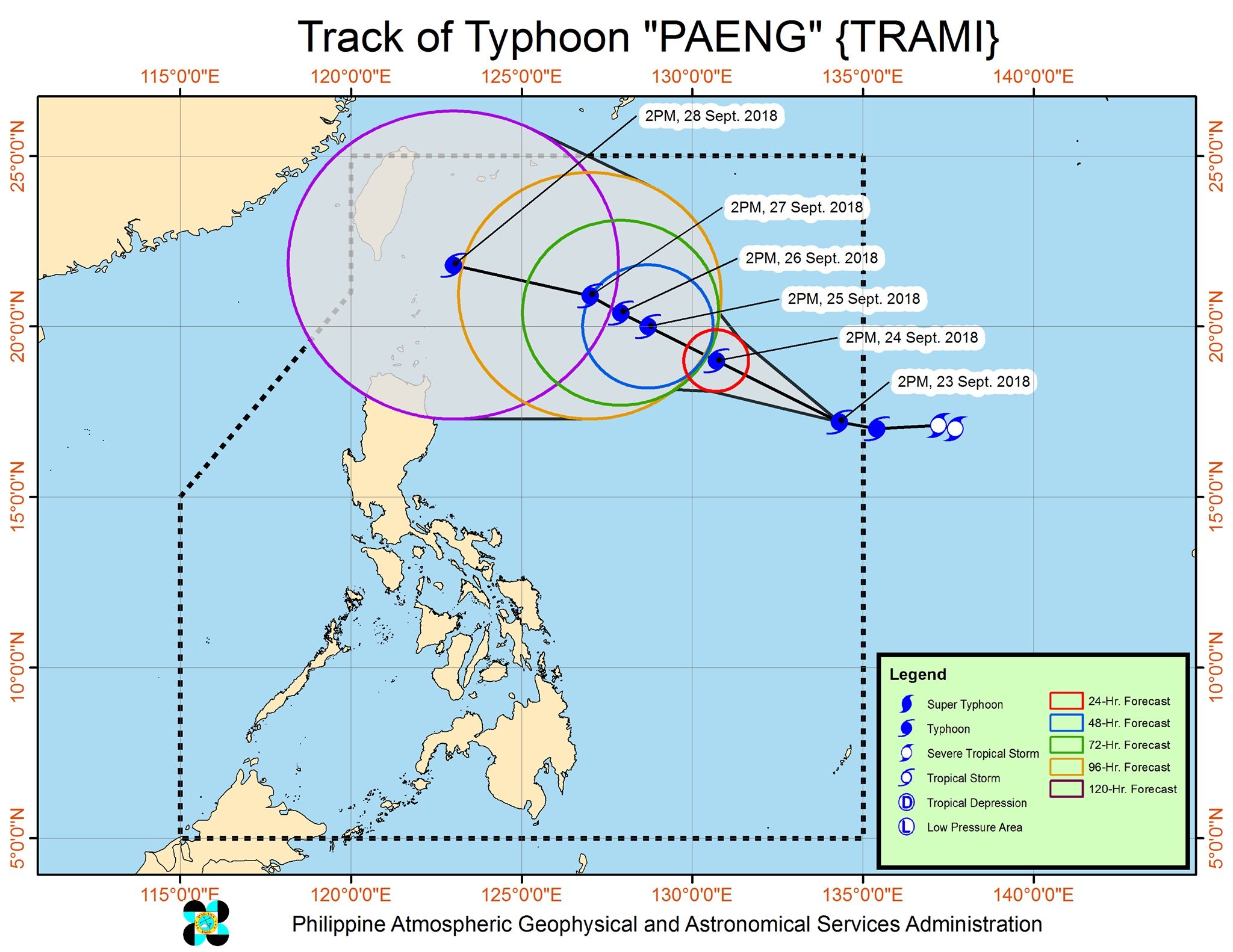 Forecast track of Typhoon Paeng (Trami) as of September 23, 2018, 5 pm. Image from PAGASA 