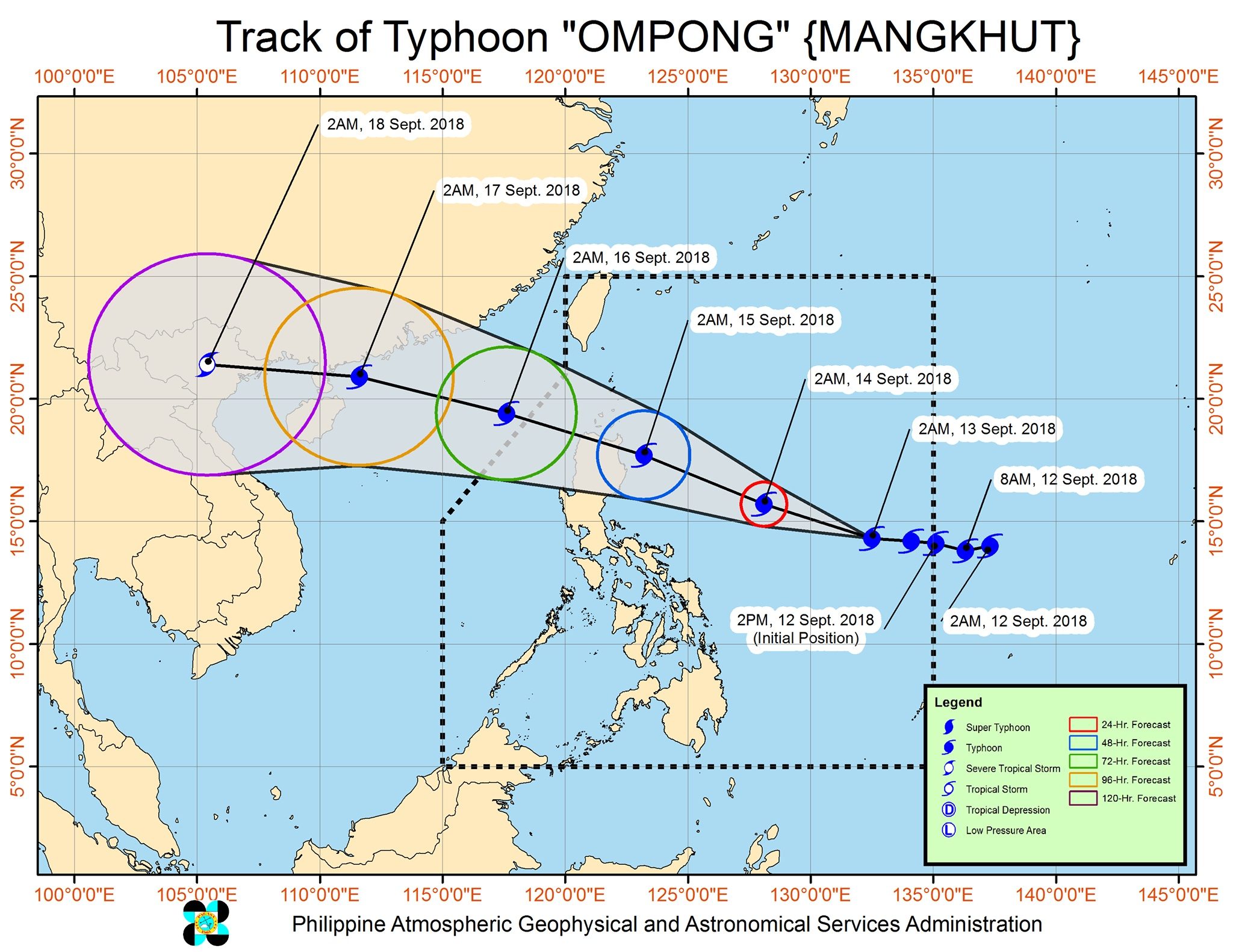 Forecast track of Typhoon Ompong (Mangkhut) as of September 13, 2018, 5 am. Image from PAGASA 