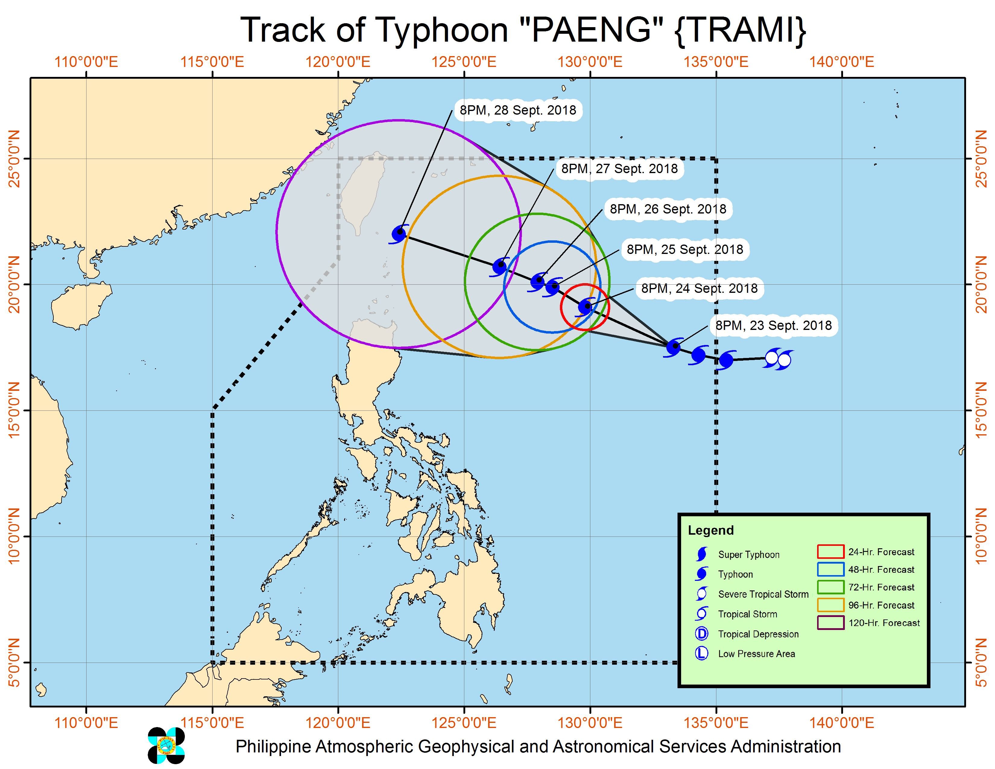 Forecast track of Typhoon Paeng (Trami) as of September 23, 2018, 11 pm. Image from PAGASA 