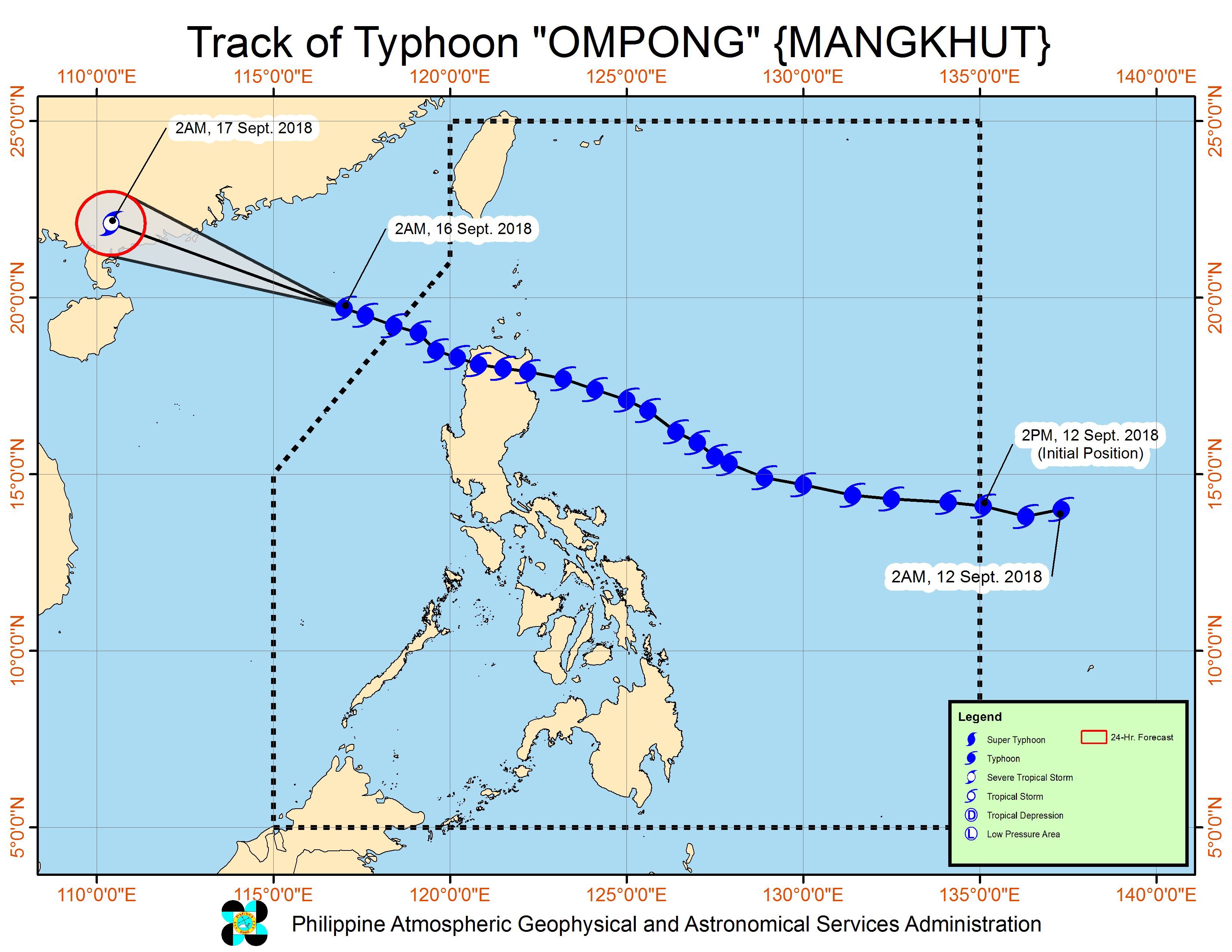 Forecast track of Typhoon Ompong (Mangkhut) outside the Philippine Area of Responsibility as of September 16, 2018, 5 am. Image from PAGASA 