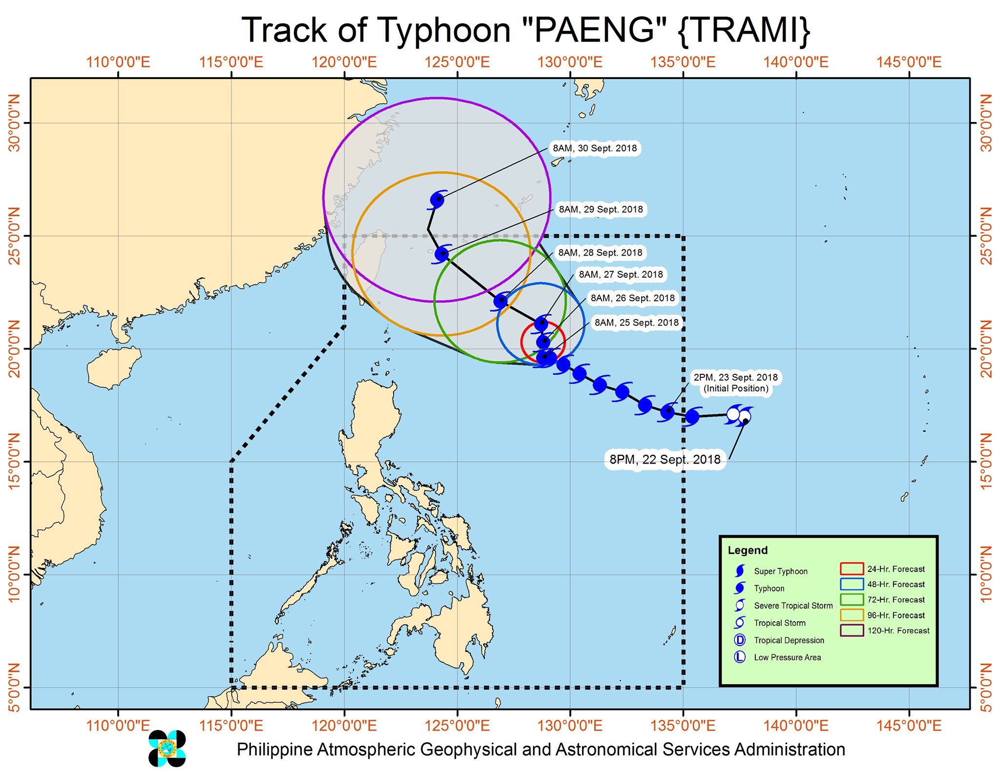 Forecast track of Typhoon Paeng (Trami) as of September 25, 2018, 11 am. Image from PAGASA 
