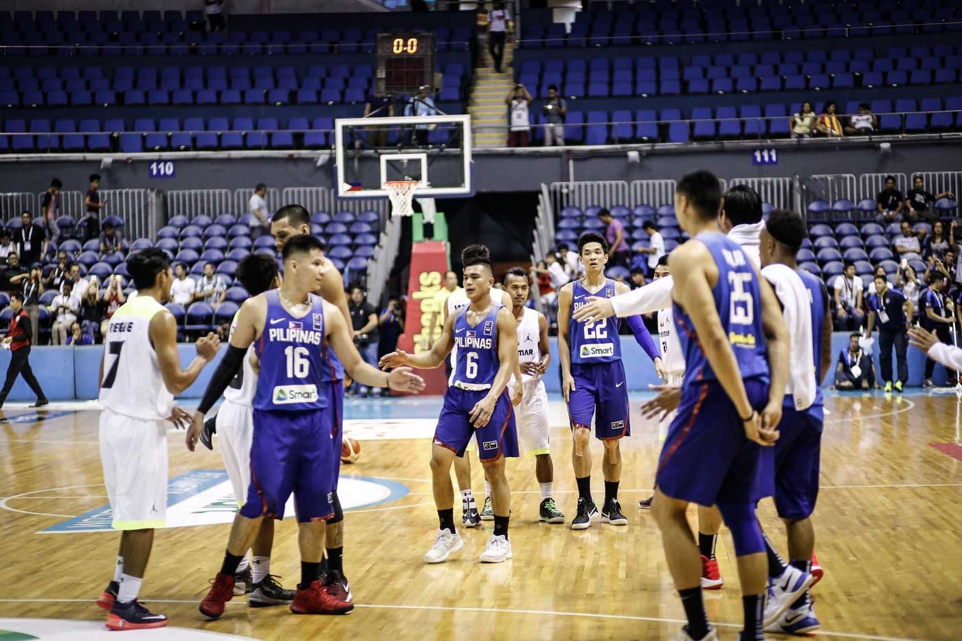 GOOD GAME. Players from both the Philippines and Myanmar acknowledge each other after the game. Photo by Josh Albelda/Rappler 