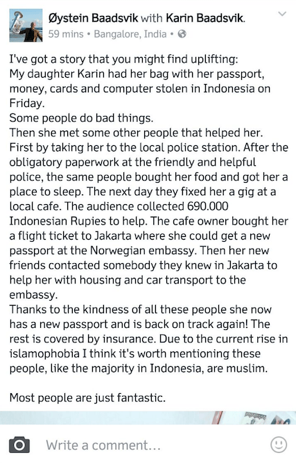 Status Facebook Oystein Baadsvik, ayah Karin, yang mengabarkan cerita yang dialami anaknya di Palembang. Screen shot dari Facebook  