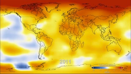 HOT, HOT, HOT. A map visualizing temperature data for 2011. Reds indicate temperatures higher than the average during a baseline period of 1951-1980, while blues indicate lower temperatures than the baseline average. (Data source: NASA Goddard Institute for Space Studies. Visualization credit: NASA Goddard Space Flight Center Scientific Visualization Studio)