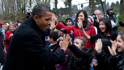US President Barak Obama greets students from Medina Elementary School in Medina, Wash., Feb. 17, 2012. Official White House Photo by Pete Souza