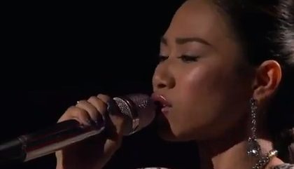 Filipino-Mexican-American singer Jessica Sanchez performs Beyonce's "Sweet Dreams" on American idol, Wednesday, March 28, 2012. Screengrab courtesy of FOX