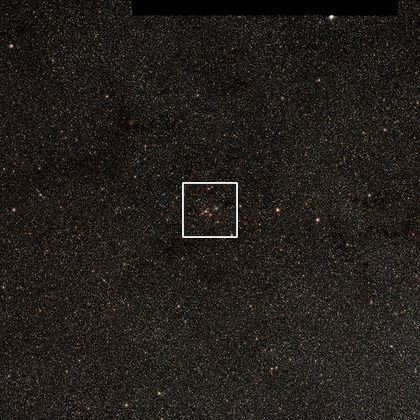 A segment of the full, edge-on image of the Milky Way galaxy, created by scientists in the UK and Chile. Photo courtesy of Mike Read (WFAU), UKIDSS/GPS and VVV (The area highlighted by the white box can be seen in the next photograph.)
