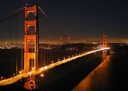 Golden Gate Bridge at night looking south across the Golden Gate towards San Francisco, September 12, 2004. Photo courtesy of Daniel Schwen/Wikipedia