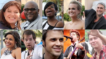 The ten past winners of "American Idol": Top row L-R: Kelly Clarkson; Ruben Studdard; Fantasia Barrino; Carrie Underwood; Taylor Hicks. Bottom row L-R: Jordin Sparks; David Cook; Kris Allen; Lee DeWyze; Scotty McCreery.