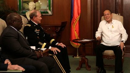 President Benigno Aquino III meets with US General Martin Dempsey during the Courtesy Call at the Music Room, Malacañan Palace Monday June 04, 2012. Also in photo is US Ambassador to the Philippines Harry Thomas, Jr. Photo courtesy of Marcelino Pascua / Malacañang Photo Bureau / PCOO