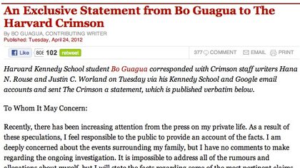 BO GUAGUA STATEMENT. A screenshot of the statement released by Bo Guagua, son of disgraced Chinese leader Bo Xilai, to the Harvard Crimson, April 24, 2012.