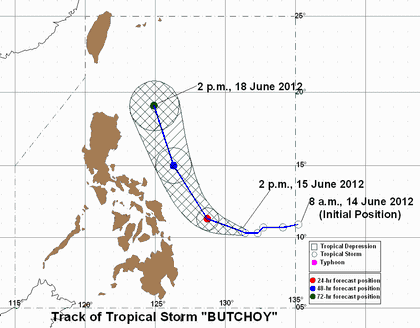 PAGASA Track for tropical storm Butchoy (international codename Guchol) as of 2 p.m., 15 June 2012. Image courtesy of PAGASA.
