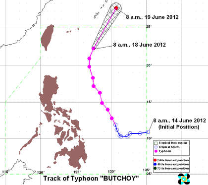 PAGASA Track for Typhoon Butchoy (international codename Guchol) as of 8 a.m., 18 June 2012. Image courtesy of PAGASA.