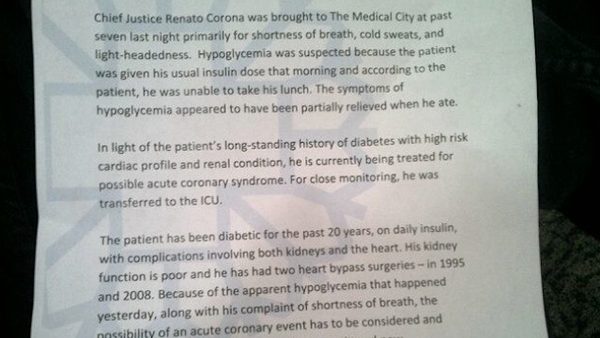 The medical bulletin issued by The Medical City regarding the condition of Chief Justice Renato Corona. Photo by Paterno Esmaquel II.
