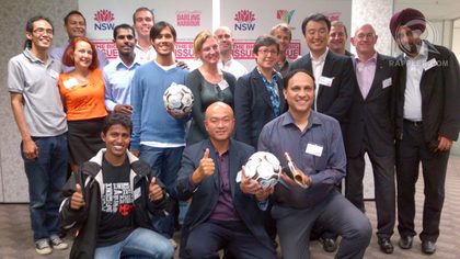 DEVELOPMENT THROUGH FOOTBALL. Peter (in blue sweater, second row) with the delegates of the conference, with participants from India, Australia, Cambodia and Malaysia, and with the of the Asian Football Confederation and the Streetfoodballworld officials. Photo from Peter Amores