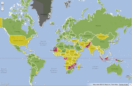 GLOBAL PROBLEM. Map of premature births. Red means more than 15 per 100 births, yellow means 10-15, green means less than 10 per 100 live births. Areas in dark grey are those where no data is available. Source: March of the Dimes