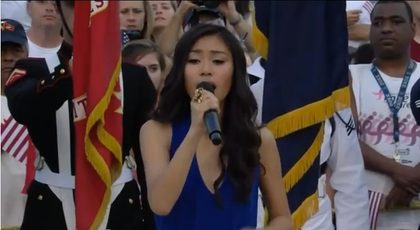 "American Idol" season 11 finalist Jessica Sanchez sings "The Star Spangled Banner" at the National Memorial Day Concert, at the West Lawn of the US Capitol in Washington, DC, May 27, 2012. Screengrab from the PBS telecast.