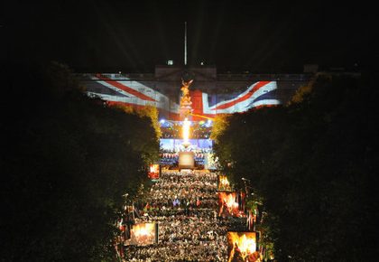 The Jubilee beacon lit by The Queen outside Buckingham Palace after tthe Diamond Jubilee concert, London, 4 June 2012. Photo courtesy of the British Monarchy/Press Association