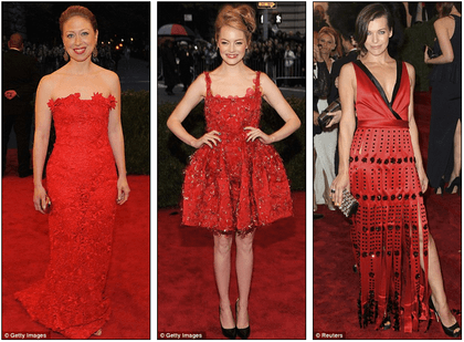 LADIES IN RED. Chelsea Clinton, Emma Stone, and Milla Jovovich went for classic girly beauty. Photo from dailymail.co.uk