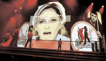 MADONNA UNDER FIRE. The image of Marine Le Pen with a swastika on her forehead as backdrop for Madonna's concert in Tel Aviv. Photo from haaretz.com
