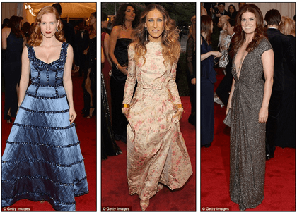 SUCCESSFUL STANDOUTS. Jessica Chastain, Sarah Jessica Parker, and Debra Messing dressed like no one else at the ball did. Photo from dailymail.co.uk
