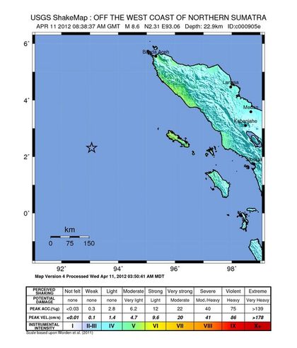 SHAKEMAP. This is a representation of ground shaking produced by the Sumatra earthquake. Source: US Geological Survey website 