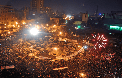 JUBILATION. Celebrations in Tahrir Square after Omar Soliman's statement that concerns Mubarak's resignation, Feb. 11, 2011, 10:15 PM. Photo from Wikipedia/Jonathan Rashad