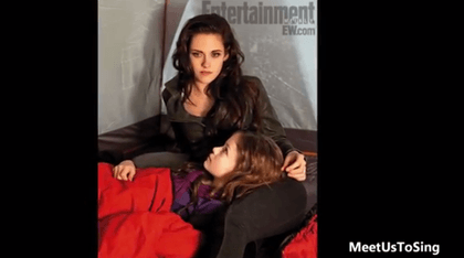 BLOODY MOTHER AND DAUGHTER. Stewart and Foy pose for the latest issue of Entertainment Weekly. Screen grab from YouTube