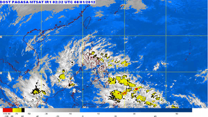 RAINS. Yellow and red indicate temperature of clouds. also, these color represent thickness of clouds with possible moderate to heavy rains. Satellite image by PAGASA as of 11 a.m. Jan 8, 2012