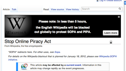 BLACKOUT. Wikipedia warns users about the impending 24-hour blackout of the website, in this screenshot taken Jan. 18, 2012.