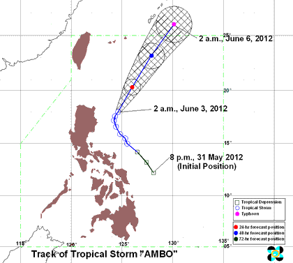 PAGASA track for tropical storm Ambo as of 2 am, June 3, 2012.