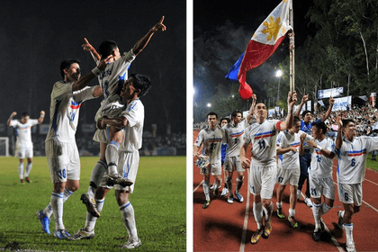 FOOTBALL FEVER. The Philippine Azkals celebrate their first-leg victory against Mongolia for the 2012 AFC Challenge Cup, February 9, 2011. (Photos by Ted Aljibe, AFP)